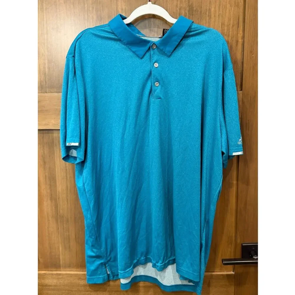 Adidas Mens 2XL Golf‎ Polo Shirt Teal Blue Textured Short Sleeve Athletic
